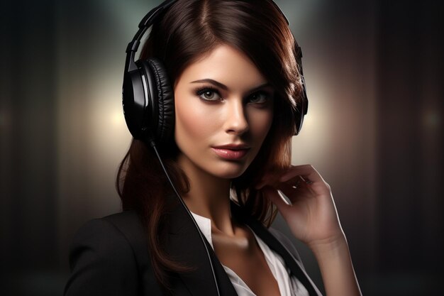 Woman wearing headphones as a call center staff with hand open