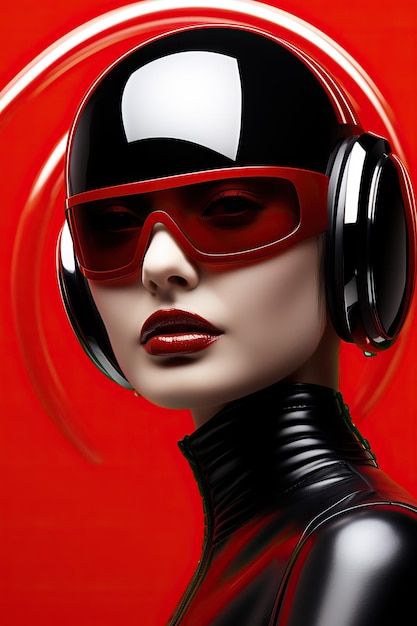 Premium AI Image | a woman wearing headphones and a black and red outfit