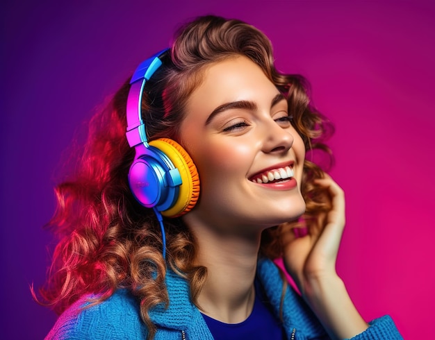 A woman wearing headphones and a blue jacket is listening to music.