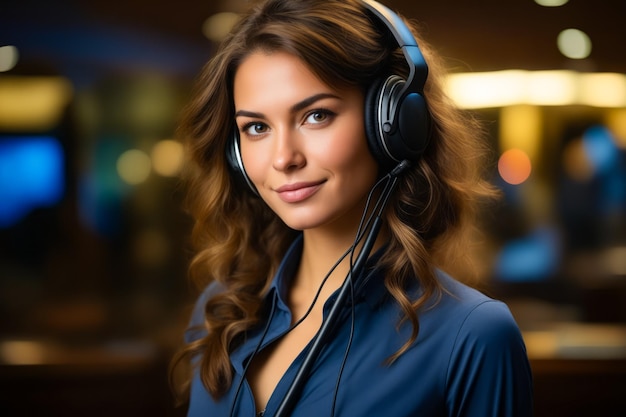 Woman wearing headphones and blue shirt is smiling Generative AI