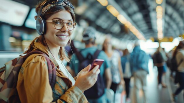 Photo woman wearing headphones and carrying cell phone