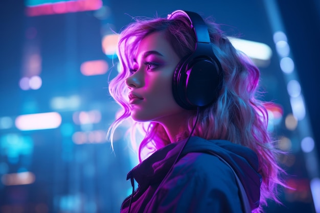 a woman wearing headphones in a city at night