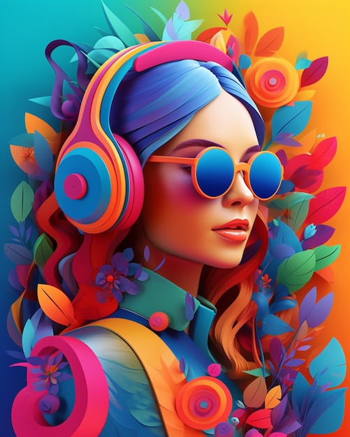 A woman wearing headphones and a colorful flower background