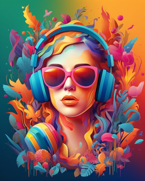 A woman wearing headphones and a colorful flower background