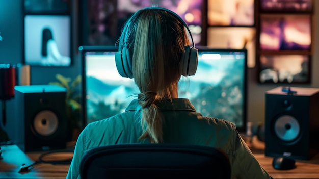 Woman wearing headphones at computer