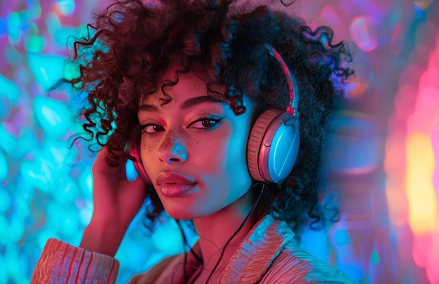 woman wearing headphones and disco ball