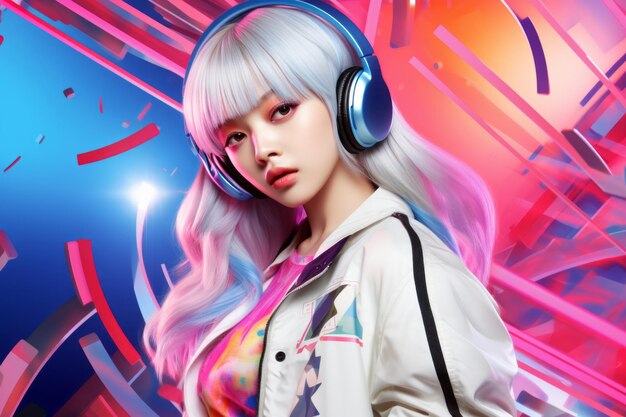 A woman wearing headphones in front of a colorful background