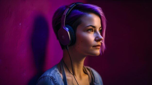 A woman wearing a headphones in front of a pink light