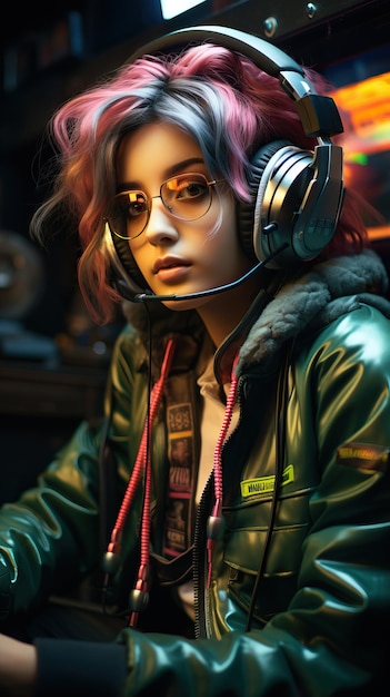 a woman wearing headphones and a green jacket