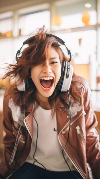 A woman wearing headphones and a leather jacket is smiling and laughing