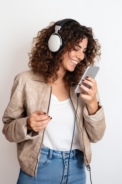 a woman wearing headphones and listening to music on her phone