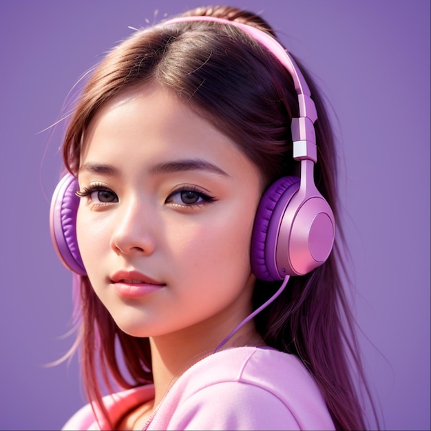 ヘッドフォンを着用し、紫のグラデーションの背景で音楽を聴く女性