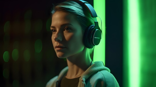 A woman wearing headphones in a purple light