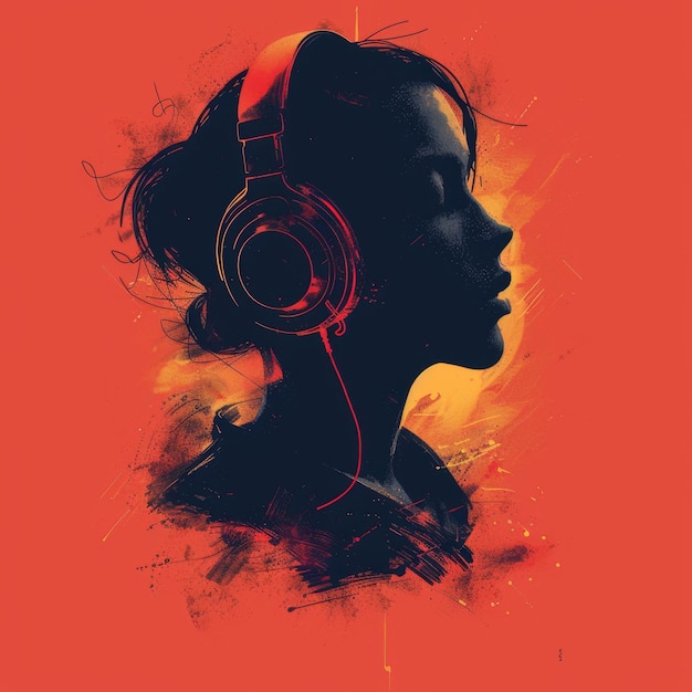 Woman Wearing Headphones on Red Background