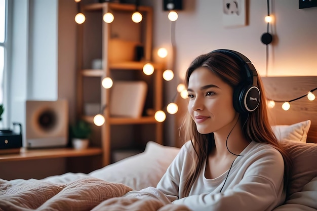 a woman wearing headphones sits on a bed