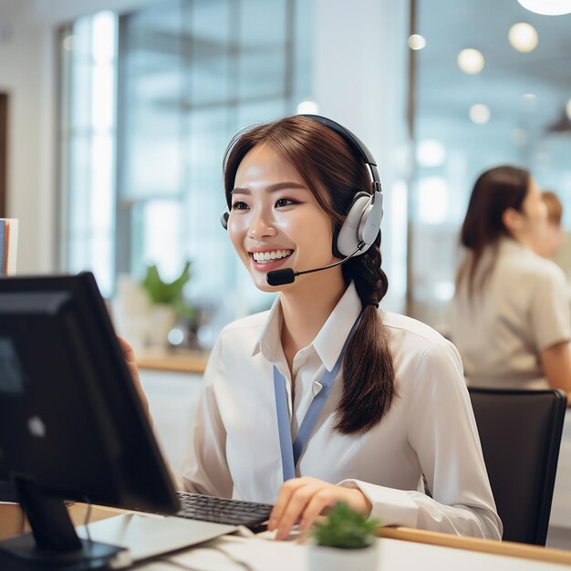 Photo a woman wearing headphones sits at a computer in a call center