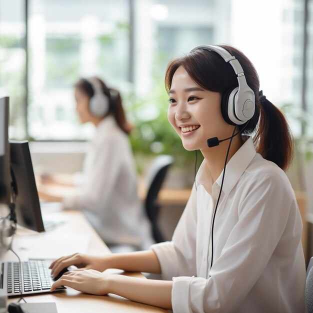 Photo a woman wearing headphones sits at a computer in a call center
