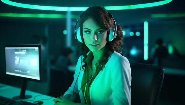 녹색 불빛이 뒤에 있는 컴퓨터 화면 앞에 헤드폰을 끼고 앉아 있는 여성