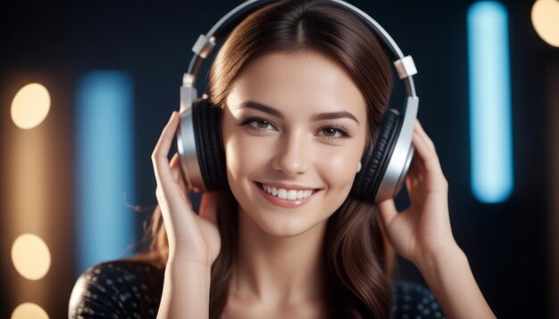 Woman Wearing Headphones Smiling at Camera