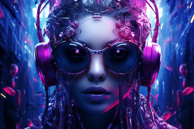 a woman wearing headphones and sunglasses in a dark background