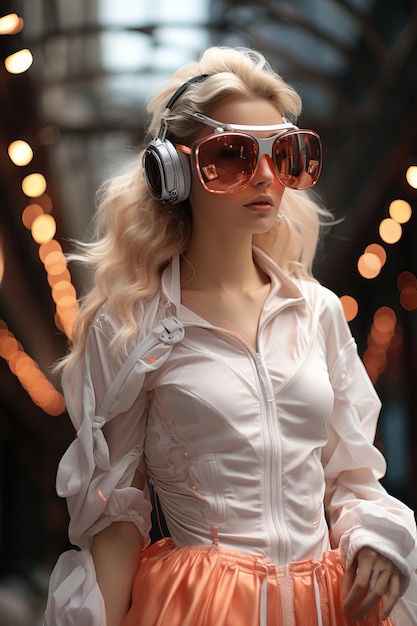 a woman wearing headphones and sunglasses