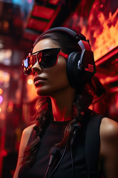 Photo a woman wearing headphones and sunglasses