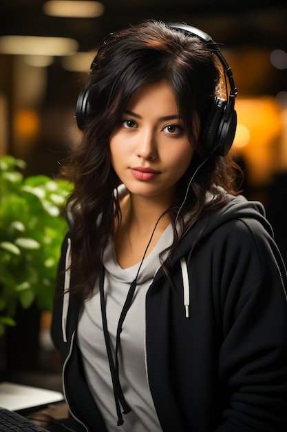 Woman wearing headphones and sweatshirt is posing for picture Generative AI