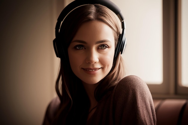 A woman wearing headphones that say's the best way to listen to music