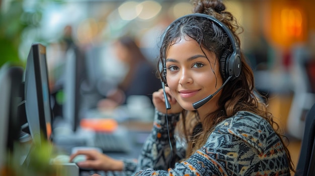 Woman Wearing Headphones Using Computer