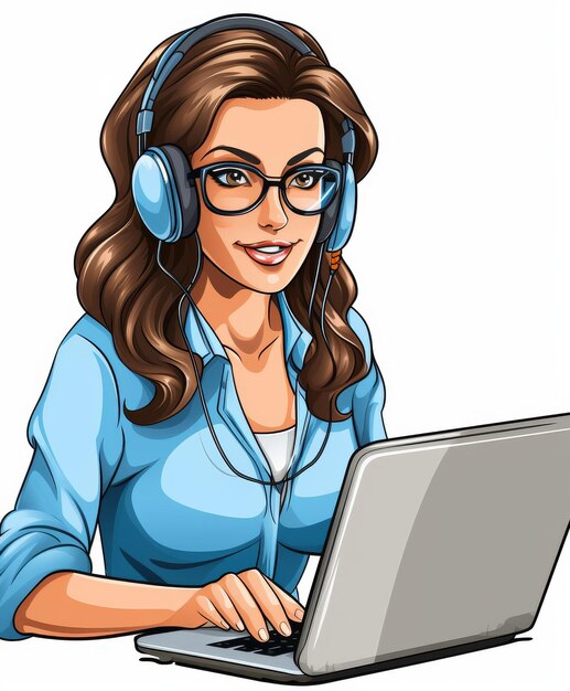 Photo woman wearing headphones and using laptop