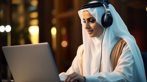 Woman Wearing Headphones Using Laptop