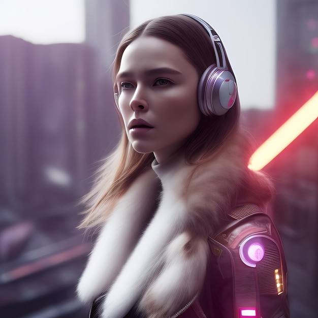 A woman wearing headphones with a light on the back