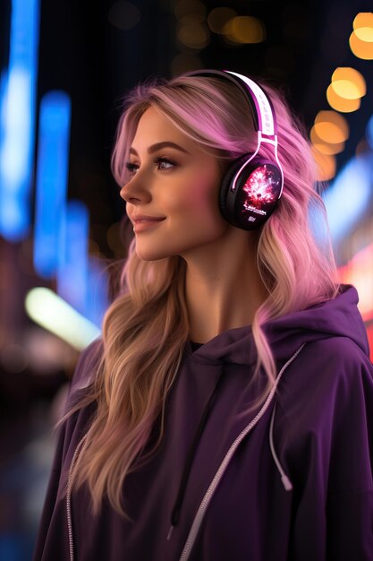 a woman wearing headphones with lights