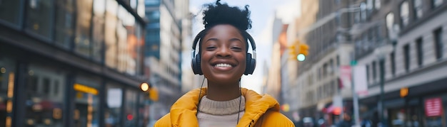 a woman wearing headphones with the word quot on it