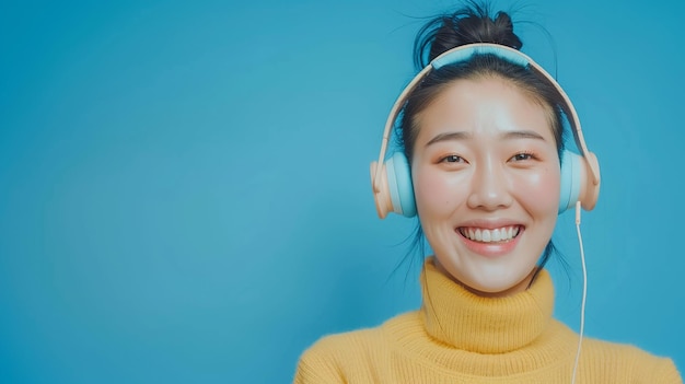 Photo a woman wearing headphones with a yellow sweater on