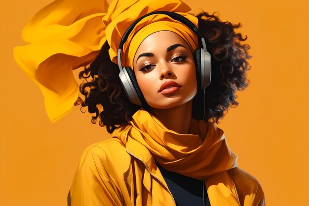 Woman wearing headphones and yellow scarf over her head generative ai