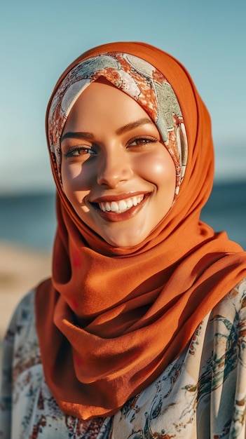 A woman wearing a headscarf on the beach generative ai image