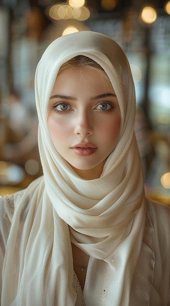 Woman Wearing Headscarf in Restaurant