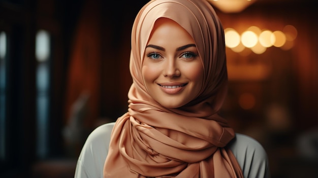 a woman wearing a headscarf and smiling