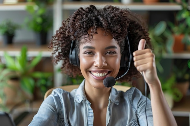 Photo a woman wearing a headset is smiling and giving a thumbs up