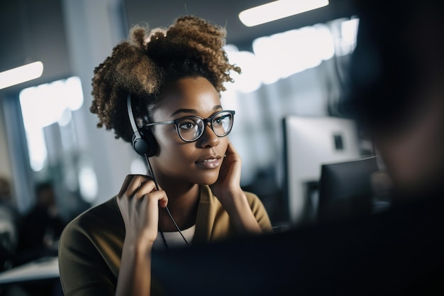 A woman wearing a headset sits at a desk in an office.