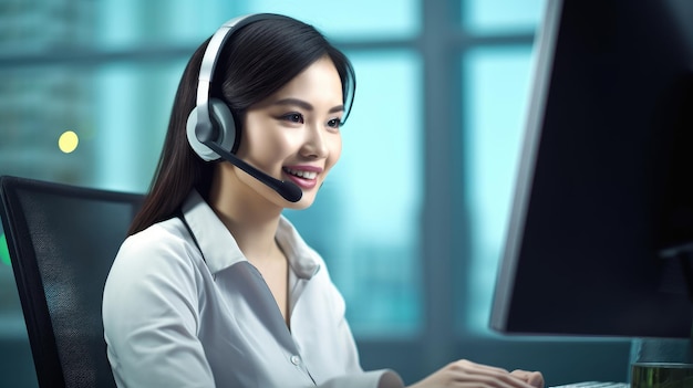 A woman wearing a headset sits in front of a computer screen