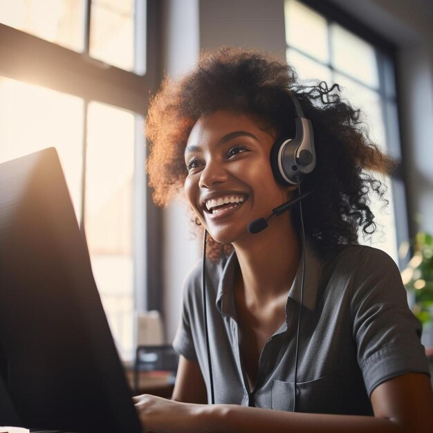 a woman wearing a headset smiles while working on a laptop