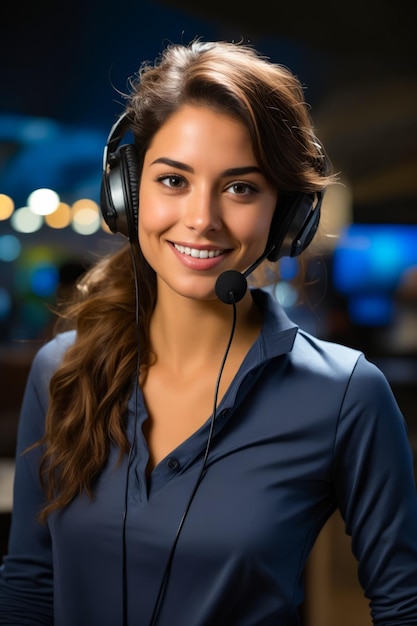 Woman wearing headset and smiling at the camera Generative AI