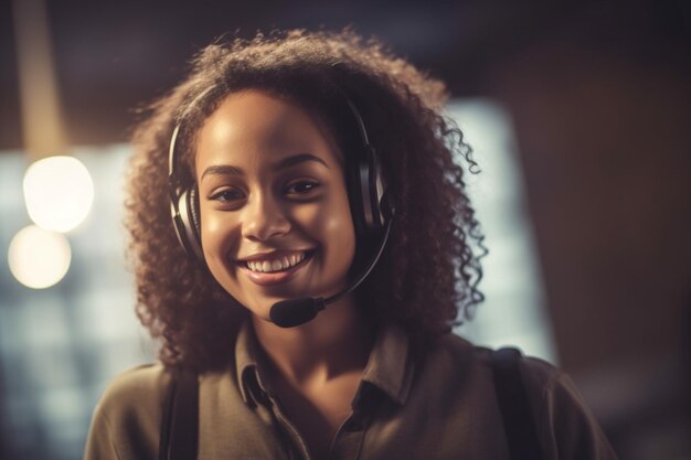 A woman wearing a headset and smiling at the camera.