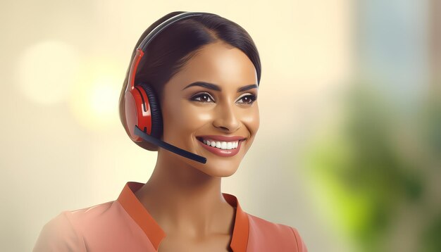 A woman wearing a headset and smiling