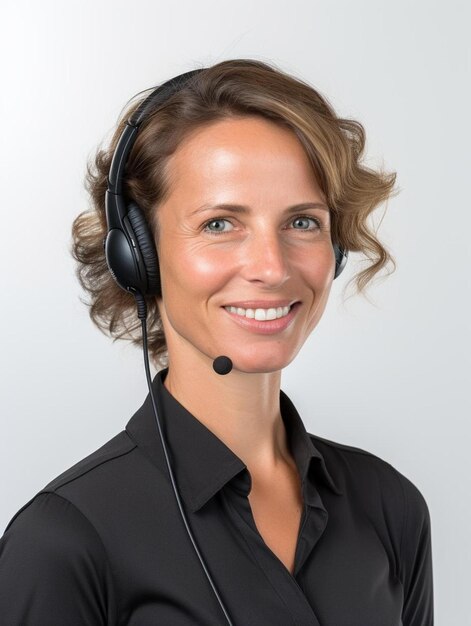 a woman wearing a headset and smiling