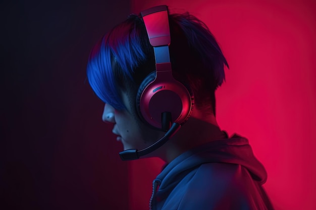 A woman wearing a headset with a blue headphone in front of a red and black background