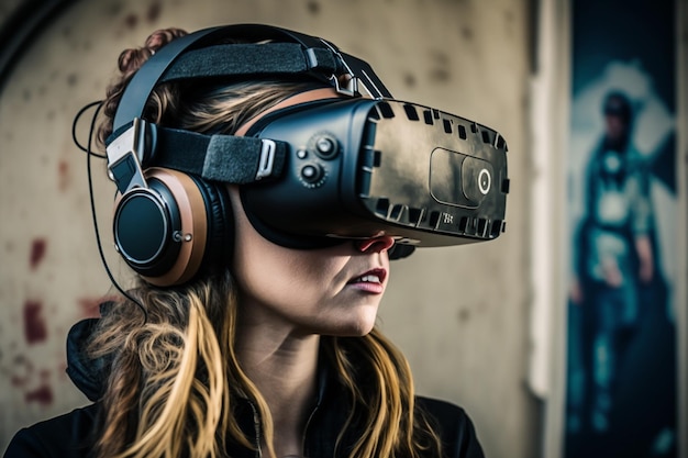 A woman wearing a headset with the word vr on it
