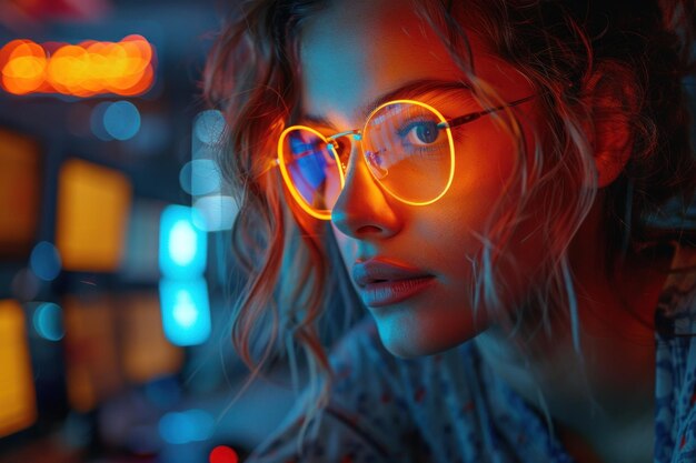 Женщина в очках в форме сердца в городе ночью